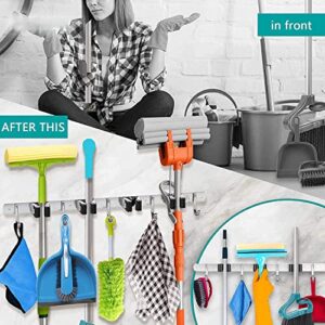 Zollyss Broom Mop Holder Wall Mount Stainless Steel Wall Mounted Storage Organizer Heavy Duty Tools Hanger with 5 Racks 4 Hooks for Kitchen Bathroom Closet Garage Office Garden-1Pc