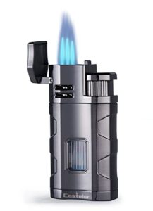 castelar torch lighter triple jet flame refillable butane lighter with punch rest holder - butane not included (gunmetal)