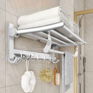 towel rack with towel bar for bathroom wall mount,foldable toalla holder with hooks,hotelier rustproof adjustable bath towels shelf,no drill,24 inch polished silver