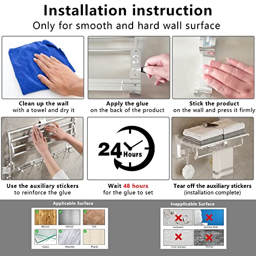 Towel Rack with Towel Bar for Bathroom Wall Mount,Foldable Toalla Holder with Hooks,Hotelier Rustproof Adjustable Bath Towels Shelf,No Drill,24 Inch Polished Silver