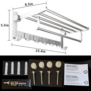 Towel Rack with Towel Bar for Bathroom Wall Mount,Foldable Toalla Holder with Hooks,Hotelier Rustproof Adjustable Bath Towels Shelf,No Drill,24 Inch Polished Silver