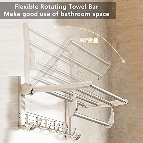 Towel Rack with Towel Bar for Bathroom Wall Mount,Foldable Toalla Holder with Hooks,Hotelier Rustproof Adjustable Bath Towels Shelf,No Drill,24 Inch Polished Silver