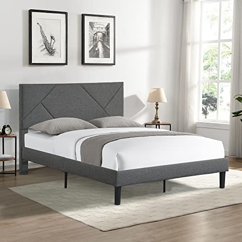 Queen Size Platform Bed Frame with Fabric Upholstered Headboard and Wooden Slats Support, Fully Upholstered Mattress Foundation/No Box Spring Needed/Easy Assembly (Grey, Queen)