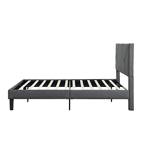 Queen Size Platform Bed Frame with Fabric Upholstered Headboard and Wooden Slats Support, Fully Upholstered Mattress Foundation/No Box Spring Needed/Easy Assembly (Grey, Queen)