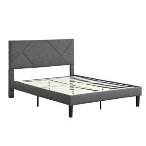 Queen Size Platform Bed Frame with Fabric Upholstered Headboard and Wooden Slats Support, Fully Upholstered Mattress Foundation/No Box Spring Needed/Easy Assembly (Grey, Queen)