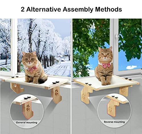 Doemtio Cat Window Perch Sturdy Solid Wood Cat Window Hommock for Large Cats Indoor Easy to Adjust Cat Window Bed Seat Shelf for Windowsill Bedside Cabinet and Drawer