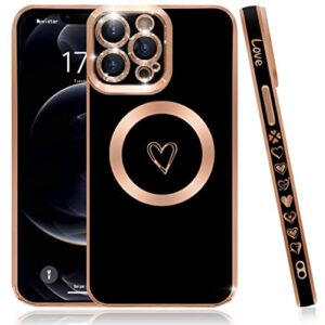szxyczl compatible with iphone 12 pro max case magsafe, cute heart pattern luxury plating full camera lens protection magnetic case for iphone 12 pro max for women girl-black