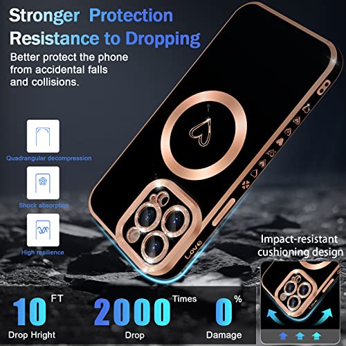 SZXYCZL Compatible with iPhone 12 Pro Max Case Magsafe, Cute Heart Pattern Luxury Plating Full Camera Lens Protection Magnetic Case for iPhone 12 Pro Max for Women Girl-Black