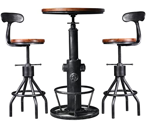 LOKKHAN 3-Piece Bar Table (38.6"-48.4") & 2 Backrest Stools (24"-30") Set for Pub Kitchen Dining Living Party Bistro Breakfast, Swivel Top, Height Adjustable, Most Weld, Space-Saving