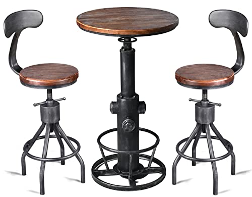 LOKKHAN 3-Piece Bar Table (38.6"-48.4") & 2 Backrest Stools (24"-30") Set for Pub Kitchen Dining Living Party Bistro Breakfast, Swivel Top, Height Adjustable, Most Weld, Space-Saving