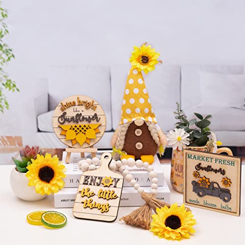 Sunflower Decor - Tiered Tray Decor Farmhouse Sunflower Kitchen Decor - Sunflower Gnomes Decorations - Wooden Signs for Home Table Fireplace (Not Included Tray)