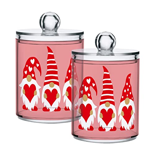 Three Valentine Gnomes Qtip Holder Dispenser 2 Pack Clear Apothecary Plastic Jars with Lids,Cute Hearts Bathroom Canister Storage Organizer for Cotton Pads,Cotton Ball/Swabs,Floss 10Oz