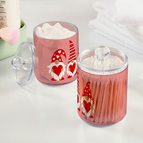 Three Valentine Gnomes Qtip Holder Dispenser 2 Pack Clear Apothecary Plastic Jars with Lids,Cute Hearts Bathroom Canister Storage Organizer for Cotton Pads,Cotton Ball/Swabs,Floss 10Oz