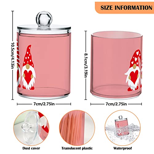 Three Valentine Gnomes Qtip Holder Dispenser 2 Pack Clear Apothecary Plastic Jars with Lids,Cute Hearts Bathroom Canister Storage Organizer for Cotton Pads,Cotton Ball/Swabs,Floss 10Oz