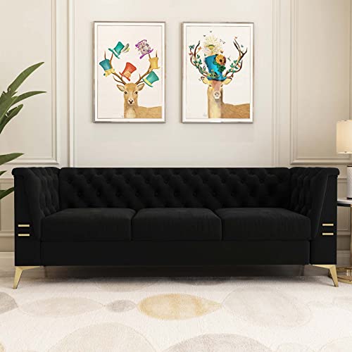 Gooamz Black Velvet Couch Sofa, 82 Inch Wide Modern Tufted Chesterfield Sofa with Flared Arms and Golden Metal Legs, Upholstered 3-Seater Sofa Large Comfy Couches for Living Room (Black)