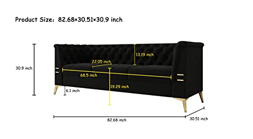 Gooamz Black Velvet Couch Sofa, 82 Inch Wide Modern Tufted Chesterfield Sofa with Flared Arms and Golden Metal Legs, Upholstered 3-Seater Sofa Large Comfy Couches for Living Room (Black)