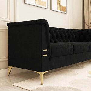 Gooamz Black Velvet Couch Sofa, 82 Inch Wide Modern Tufted Chesterfield Sofa with Flared Arms and Golden Metal Legs, Upholstered 3-Seater Sofa Large Comfy Couches for Living Room (Black)