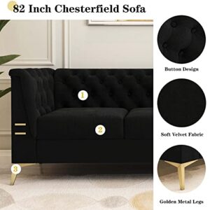 Gooamz Black Velvet Couch Sofa, 82 Inch Wide Modern Tufted Chesterfield Sofa with Flared Arms and Golden Metal Legs, Upholstered 3-Seater Sofa Large Comfy Couches for Living Room (Black)