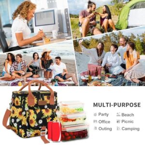 Joymee Insulated Lunch Bag for Women/Men, Waterproof Lunch Box for Office Work Picnic Beach, Reusable Large Leakproof Cooler Tote Bag with Adjustable Shoulder Strap & Side Pocket, Sunflower