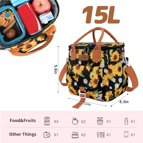 Joymee Insulated Lunch Bag for Women/Men, Waterproof Lunch Box for Office Work Picnic Beach, Reusable Large Leakproof Cooler Tote Bag with Adjustable Shoulder Strap & Side Pocket, Sunflower