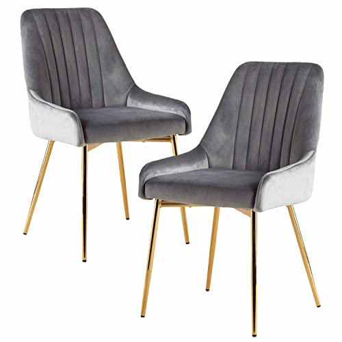 ANOUR Dining Chairs Set of 2, Modern Velvet Living Room Chairs, Kitchen Chairs with Gold Metal Legs, Upholstered Armless Chair for Kitchen Bedroom Vanity(Grey,2 Pack)