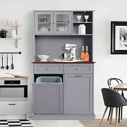 LOUVIXA Kitchen Pantry Storage Cabinet, Microwave Cabinet with Tilt Out Trash Cabinet, Freestanding Kitchen Hutch,Tall Pantry Cabinet Cupboard (Grey)