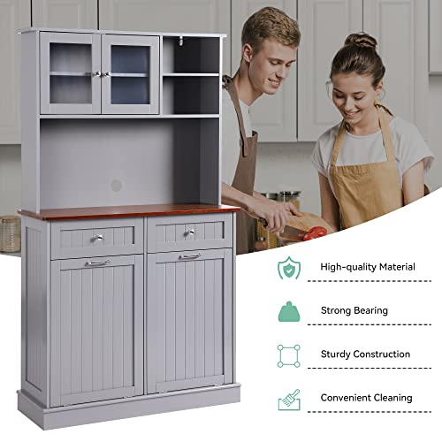 LOUVIXA Kitchen Pantry Storage Cabinet, Microwave Cabinet with Tilt Out Trash Cabinet, Freestanding Kitchen Hutch,Tall Pantry Cabinet Cupboard (Grey)