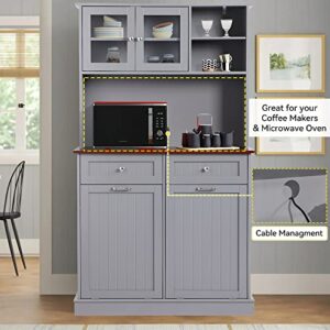 LOUVIXA Kitchen Pantry Storage Cabinet, Microwave Cabinet with Tilt Out Trash Cabinet, Freestanding Kitchen Hutch,Tall Pantry Cabinet Cupboard (Grey)