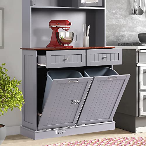 LOUVIXA Kitchen Pantry Storage Cabinet, Microwave Cabinet with Tilt Out Trash Cabinet, Freestanding Kitchen Hutch,Tall Pantry Cabinet Cupboard (Grey)