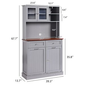 LOUVIXA Kitchen Pantry Storage Cabinet, Microwave Cabinet with Tilt Out Trash Cabinet, Freestanding Kitchen Hutch,Tall Pantry Cabinet Cupboard (Grey)