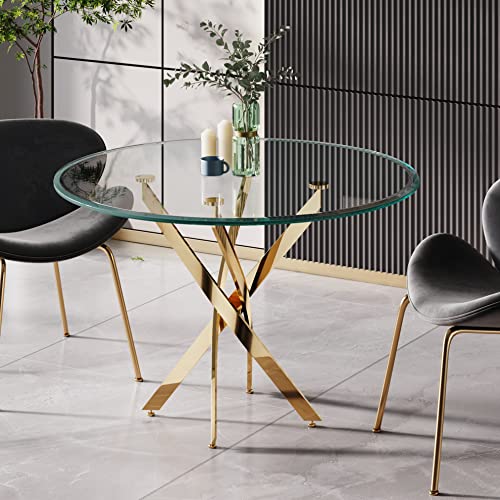 SSLine 39" Round Dining Table for 4 Tempered Glass Kitchen Table w/Mirrored Stainless Steel Nest-Shape Base Mid-Century Dinner Table for Dining Room Home Office Meeting Table(Gold)