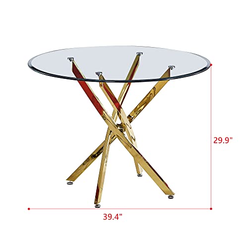 SSLine 39" Round Dining Table for 4 Tempered Glass Kitchen Table w/Mirrored Stainless Steel Nest-Shape Base Mid-Century Dinner Table for Dining Room Home Office Meeting Table(Gold)