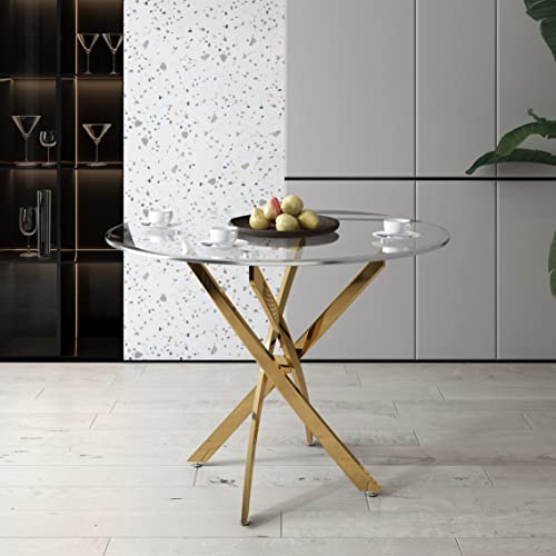 SSLine 39" Round Dining Table for 4 Tempered Glass Kitchen Table w/Mirrored Stainless Steel Nest-Shape Base Mid-Century Dinner Table for Dining Room Home Office Meeting Table(Gold)