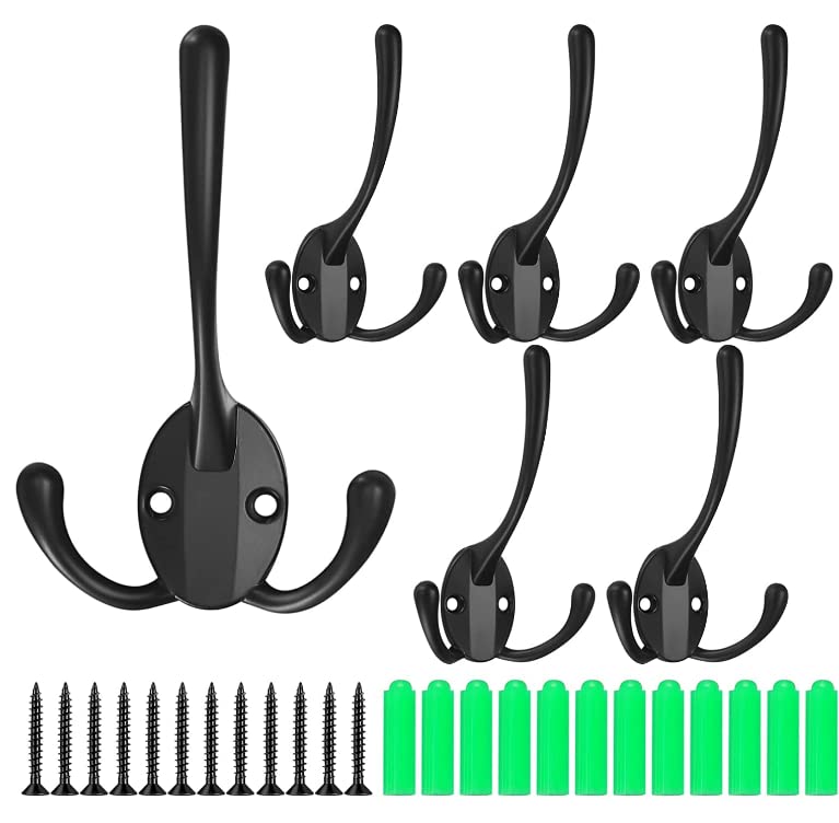 YOUYIDUN 6 Pcs Three Prongs Coat Hooks, Heavy Duty Wall Mounted Clothes Hooks, Black Retro Metal Towel Robe Hooks with Screws for Hanging Coat, Scarf, Bag, Towel, Key, Cap, Hats, Robes Hooks