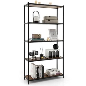 Tangkula 5-Tier Wooden Bookshelf, Tall Bookcase Shelf Storage Organizer w/Metal Frame, Anti-toppling Device, Freestanding Metal Wood Storage Shelf for Living Room Office Kitchen (1, Rustic Brown)