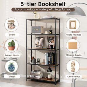 Tangkula 5-Tier Wooden Bookshelf, Tall Bookcase Shelf Storage Organizer w/Metal Frame, Anti-toppling Device, Freestanding Metal Wood Storage Shelf for Living Room Office Kitchen (1, Rustic Brown)