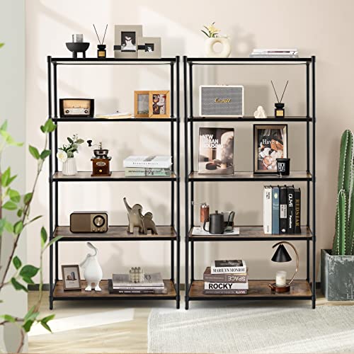 Tangkula 5-Tier Wooden Bookshelf, Tall Bookcase Shelf Storage Organizer w/Metal Frame, Anti-toppling Device, Freestanding Metal Wood Storage Shelf for Living Room Office Kitchen (1, Rustic Brown)