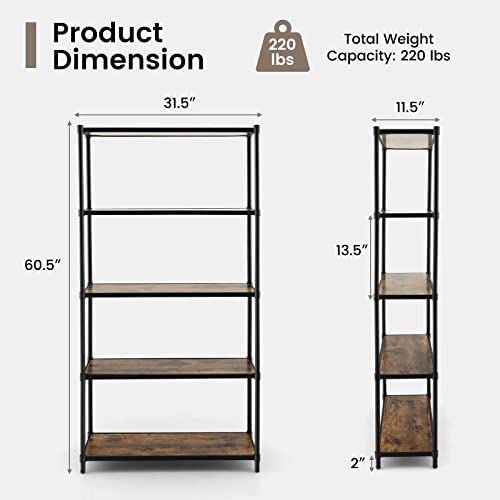 Tangkula 5-Tier Wooden Bookshelf, Tall Bookcase Shelf Storage Organizer w/Metal Frame, Anti-toppling Device, Freestanding Metal Wood Storage Shelf for Living Room Office Kitchen (1, Rustic Brown)