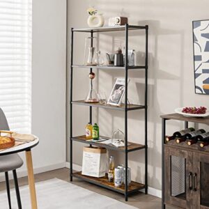 Tangkula 5-Tier Wooden Bookshelf, Tall Bookcase Shelf Storage Organizer w/Metal Frame, Anti-toppling Device, Freestanding Metal Wood Storage Shelf for Living Room Office Kitchen (1, Rustic Brown)