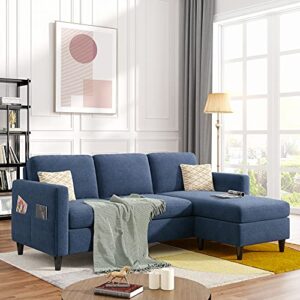 morhome sofa with side pocket,convertible corner fabric storage, sectional couch for living room & apartment, blue linen