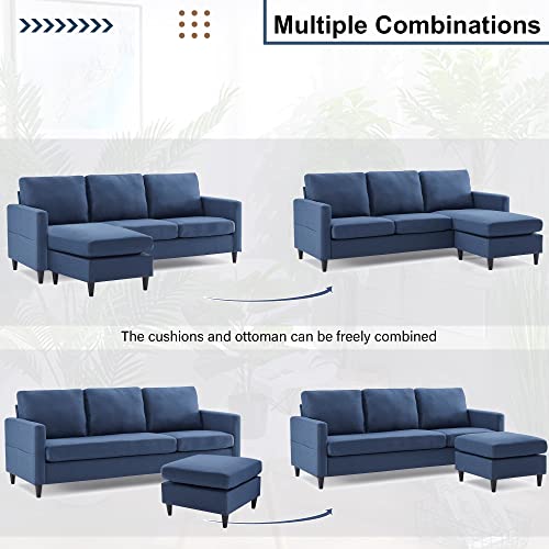 Morhome Sofa with Side Pocket,Convertible Corner Fabric Storage, Sectional Couch for Living Room & Apartment, Blue Linen