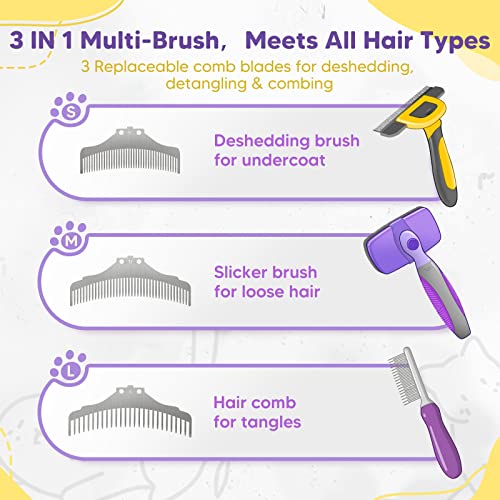 FLUFFEE Cat Brush, 3 In 1 Cat Shedding Brush for Indoor Cats, Cat Grooming Brush for Short or Long Haired Cats with 3 Replaceable Combs, Cat Hair Comb for Removes Undercoats Tangles Loose Fur, Purple