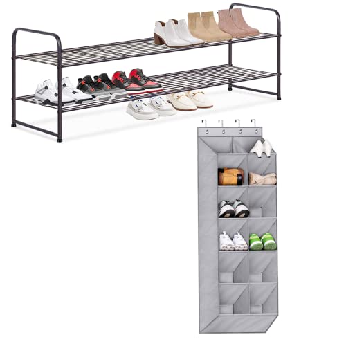 SLEEPING LAMB 2 Tier Metal Long Shoe Rack for Closet and Over The Door Shoe Rack Fit Narrow Door for 12 Pairs Sneakers, Boots, Grey