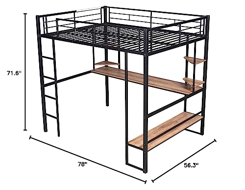 Woanke Metal Full Size Loft Bed&MDF Bed with Long Desk and Shelves, Heavy Duty Steel Bedframe for Kids Teens Adults, Black