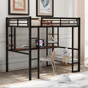 woanke metal full size loft bed&mdf bed with long desk and shelves, heavy duty steel bedframe for kids teens adults, black