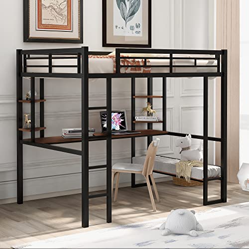 Woanke Metal Full Size Loft Bed&MDF Bed with Long Desk and Shelves, Heavy Duty Steel Bedframe for Kids Teens Adults, Black