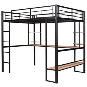 Woanke Metal Full Size Loft Bed&MDF Bed with Long Desk and Shelves, Heavy Duty Steel Bedframe for Kids Teens Adults, Black