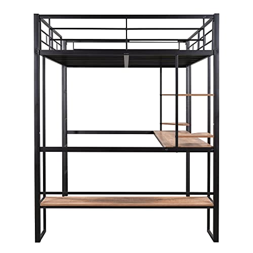 Woanke Metal Full Size Loft Bed&MDF Bed with Long Desk and Shelves, Heavy Duty Steel Bedframe for Kids Teens Adults, Black