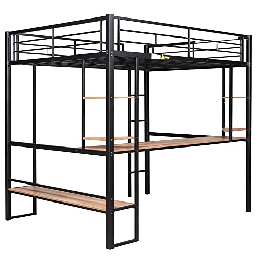 Woanke Metal Full Size Loft Bed&MDF Bed with Long Desk and Shelves, Heavy Duty Steel Bedframe for Kids Teens Adults, Black