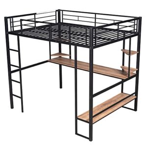 Woanke Metal Full Size Loft Bed&MDF Bed with Long Desk and Shelves, Heavy Duty Steel Bedframe for Kids Teens Adults, Black